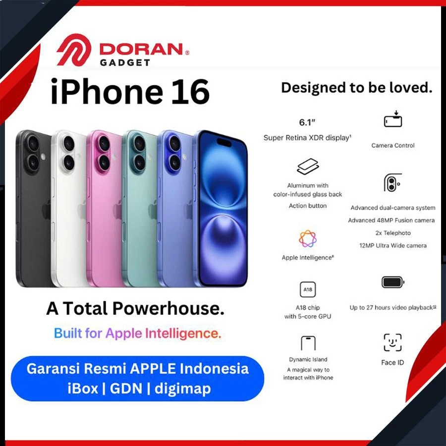 APPLE iPhone 16 128GB 256GB 512GB A18 CPU 6C GPU 5C OLED Resmi iBOX