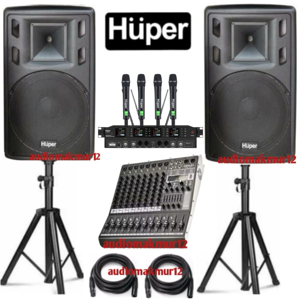 Paket Sound System Huper HA400 15Inch Aktif Komplit Mixer Ashley Super M8 PRO Dan Mic Wireless HUPER