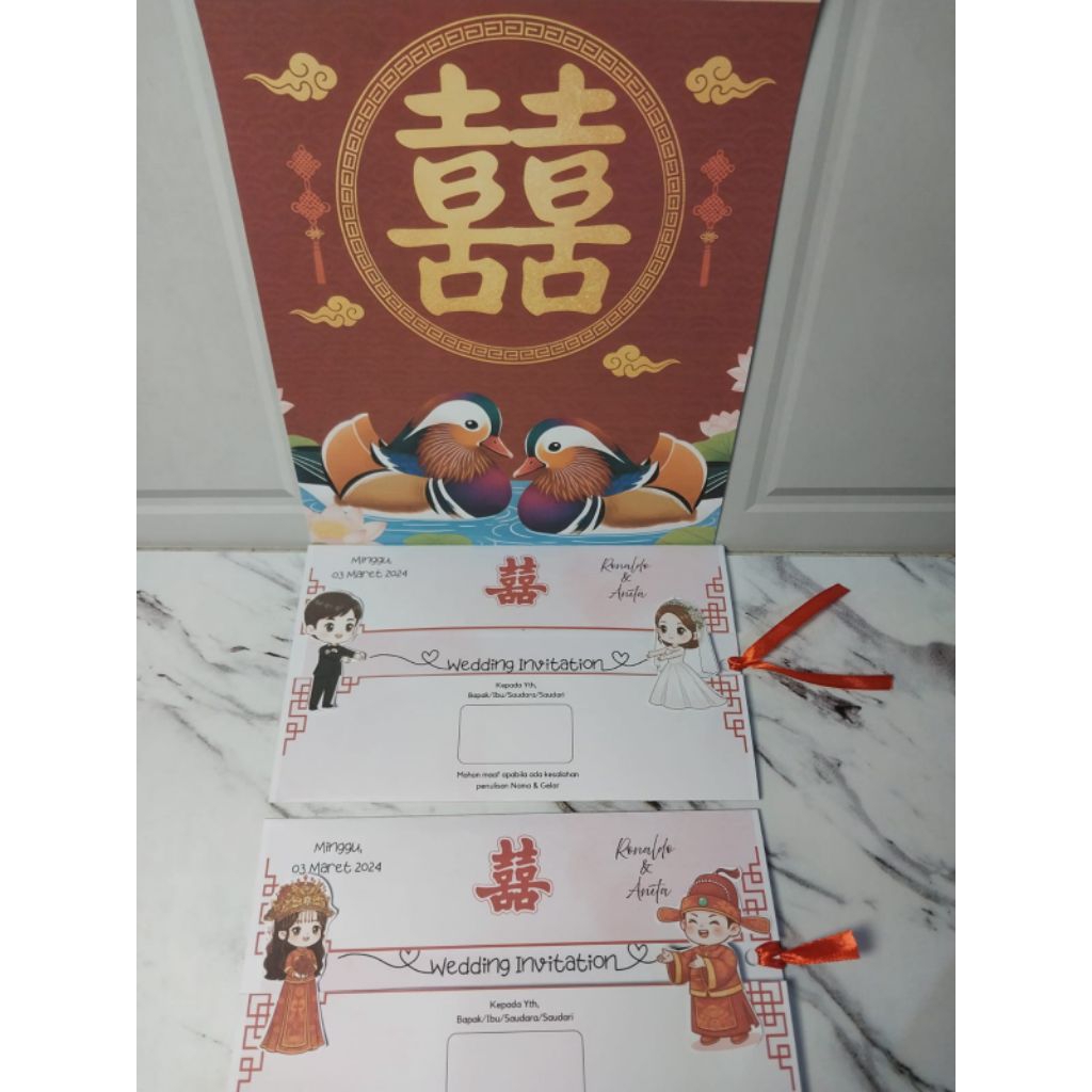 Undangan pernikahan chinese shuang xi sangjit cina model geser