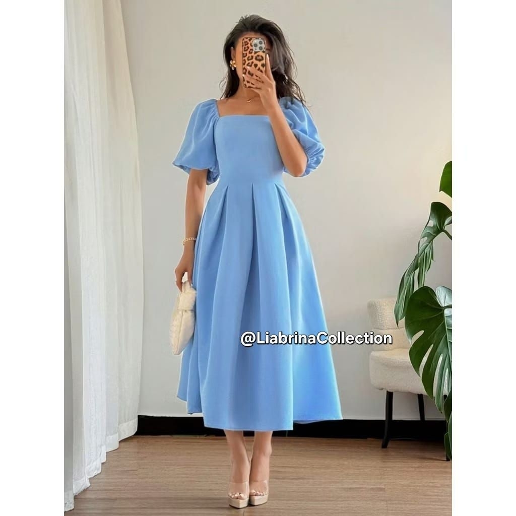 Haira - Dress Sabrina Natal Satin,Dress Korea,Dress Pesta Mewah,Midi Dress Jumbo