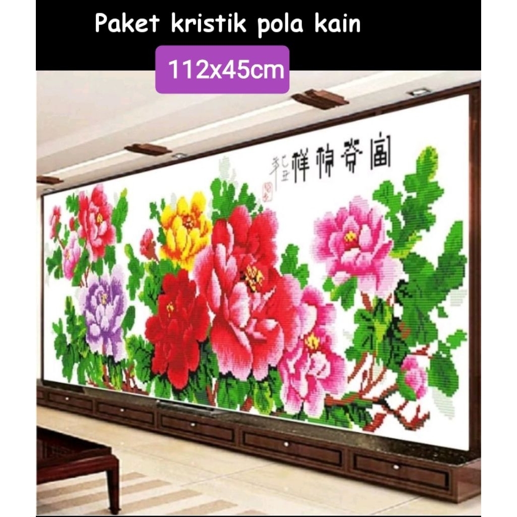 Paket kristik bunga peoni mawar dmc premium pola kain jumbo 130x55cm roses peony flower oriental cro