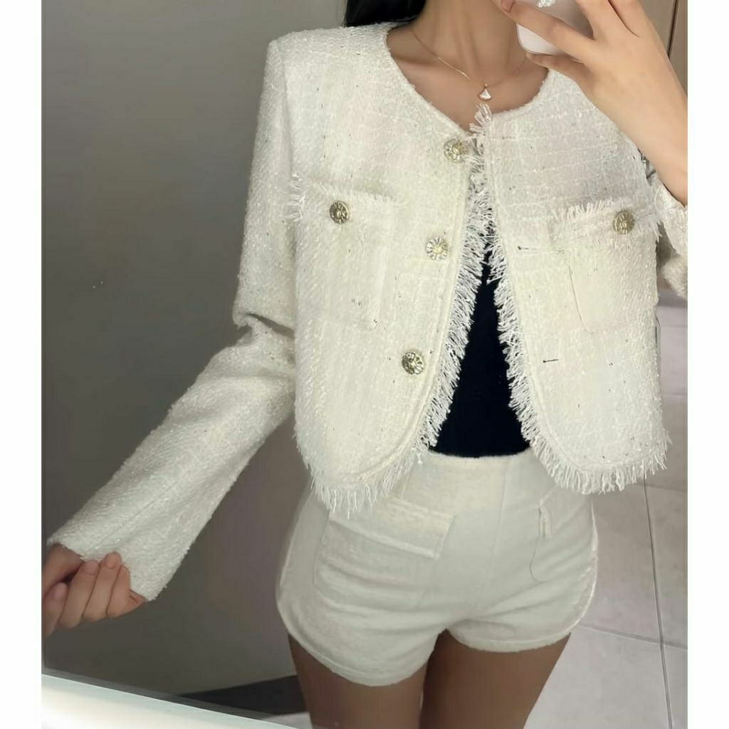 (WITH TAG) TWEED CROP BLAZER SEQUIN BLINK CREAM LUXURY POCKET BUTTON OUTER JAKET RAWIS KOREA ORIGINA