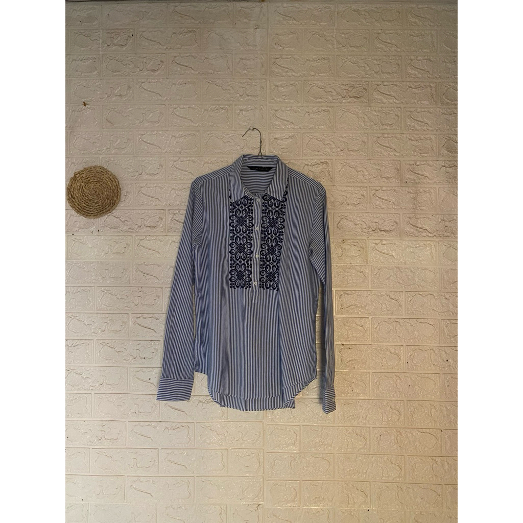 ZARA WOMAN kemeja salur navy
