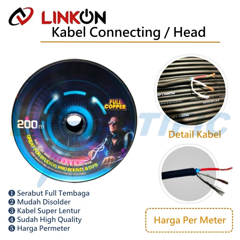 Kabel Connecting Linkon Isi 3 Stereo Per Meter / Kabel Head Hitam Tembaga High Quality Mudah Solder 
