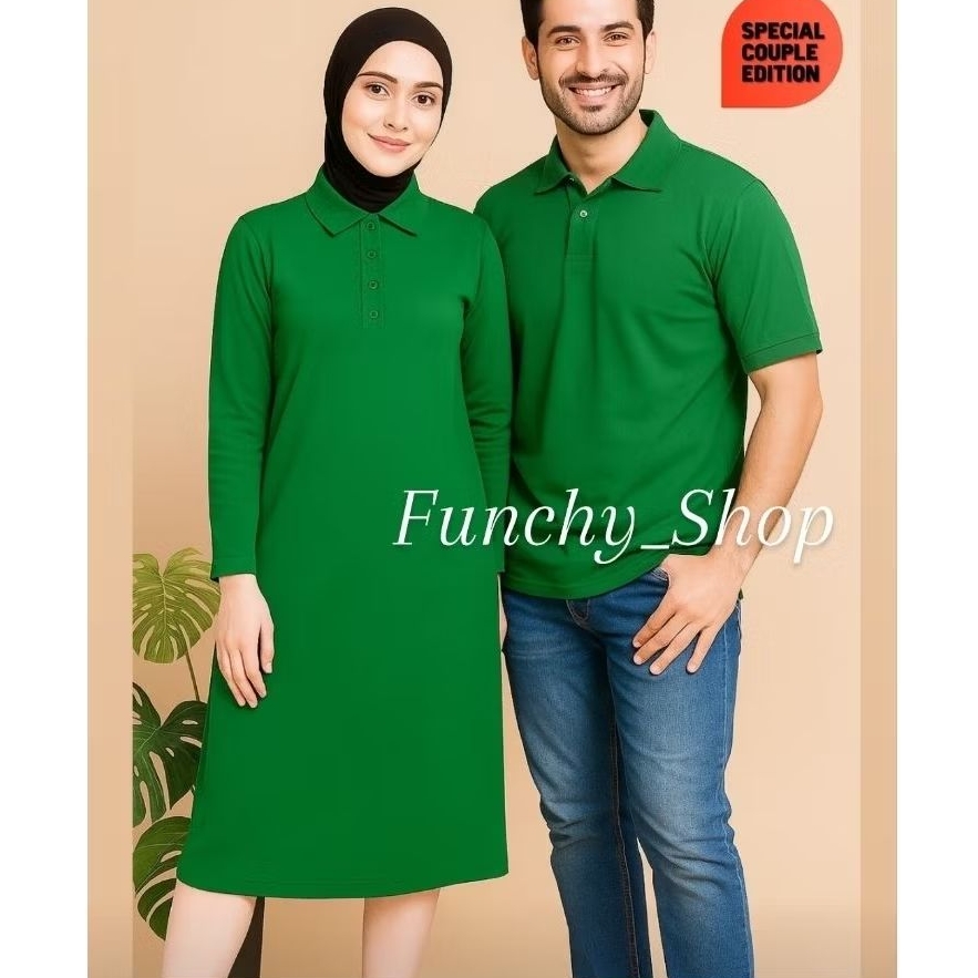 KAOS PASANGAN COUPLE TUNIK POLO SHIRT HIJAU - BAJU DRESS MUSLIM SET PASANGAN