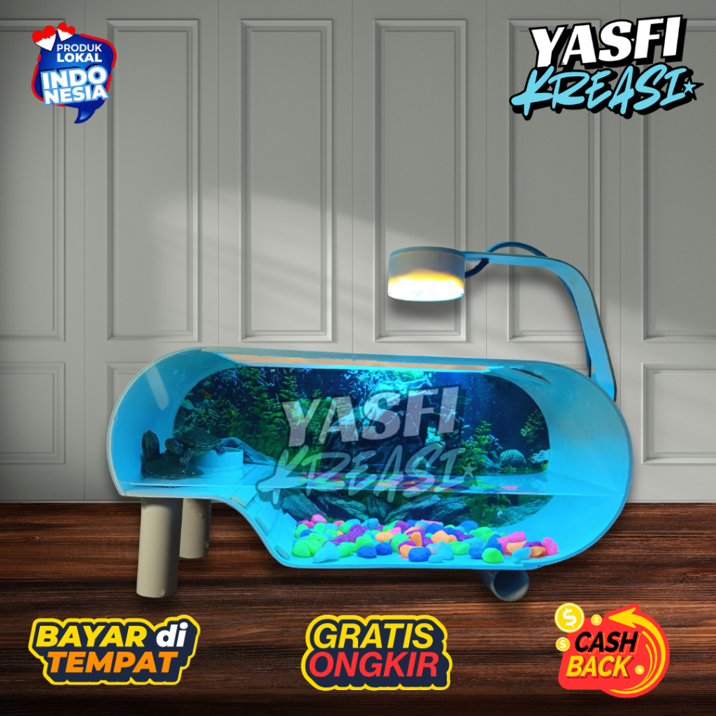 1 Set Aquarium Kura - Kura PVC Lengkap Hiasan Dan Lampu LED 3 Watt