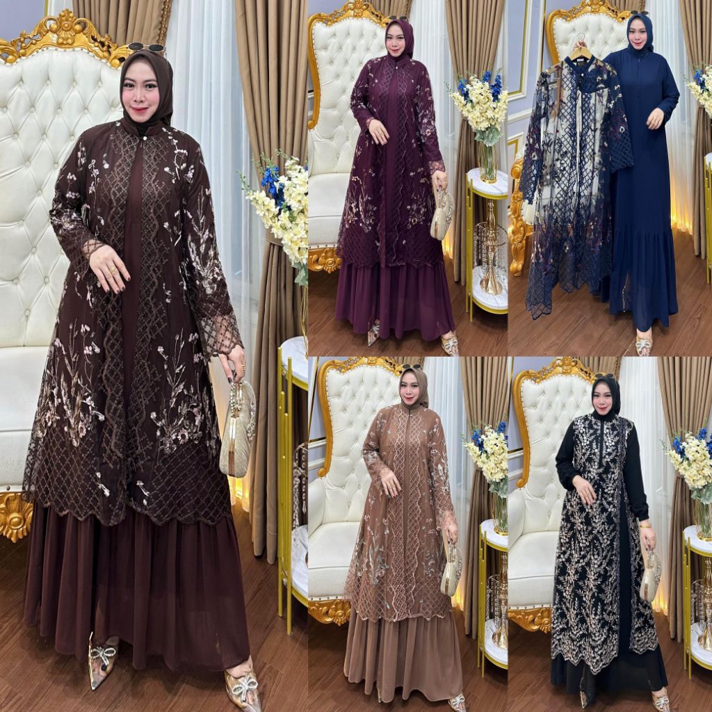 RENITA Dress Ceruty BABYDOLL PREMIUM Mix Cardigan Tile Bordir Lepas Mewah Gamis Kondangan Kekinian