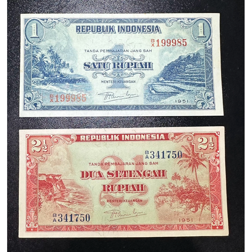 Uang kuno  Set Seri Pemandangan 1 & 2 Rupiah Tahun 1951 Kondisi GRESS/UNC