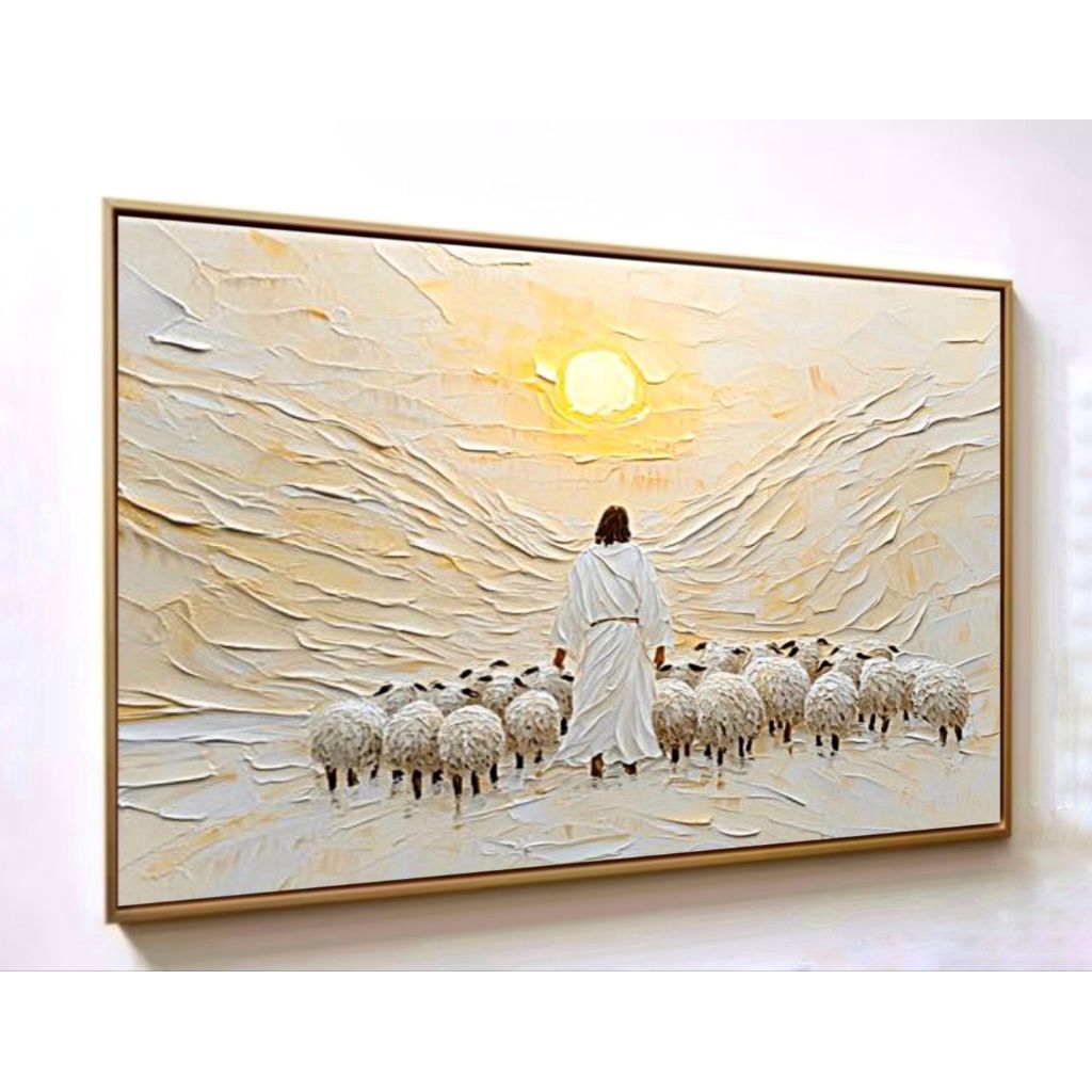 Hiasan Dinding Lukisan Relief 3D Tuhan Yesus Gembala yang Baik (Yesus dan Domba-domba)