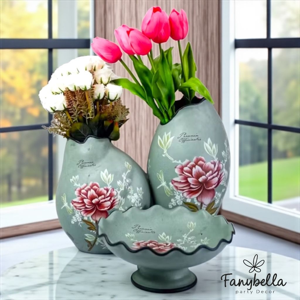 Vas Bunga Retro Klasik Keramik Tosca Hijau Motif Bunga Mawar Antik Guci Antik Dekorasi Rumah| FANYBE