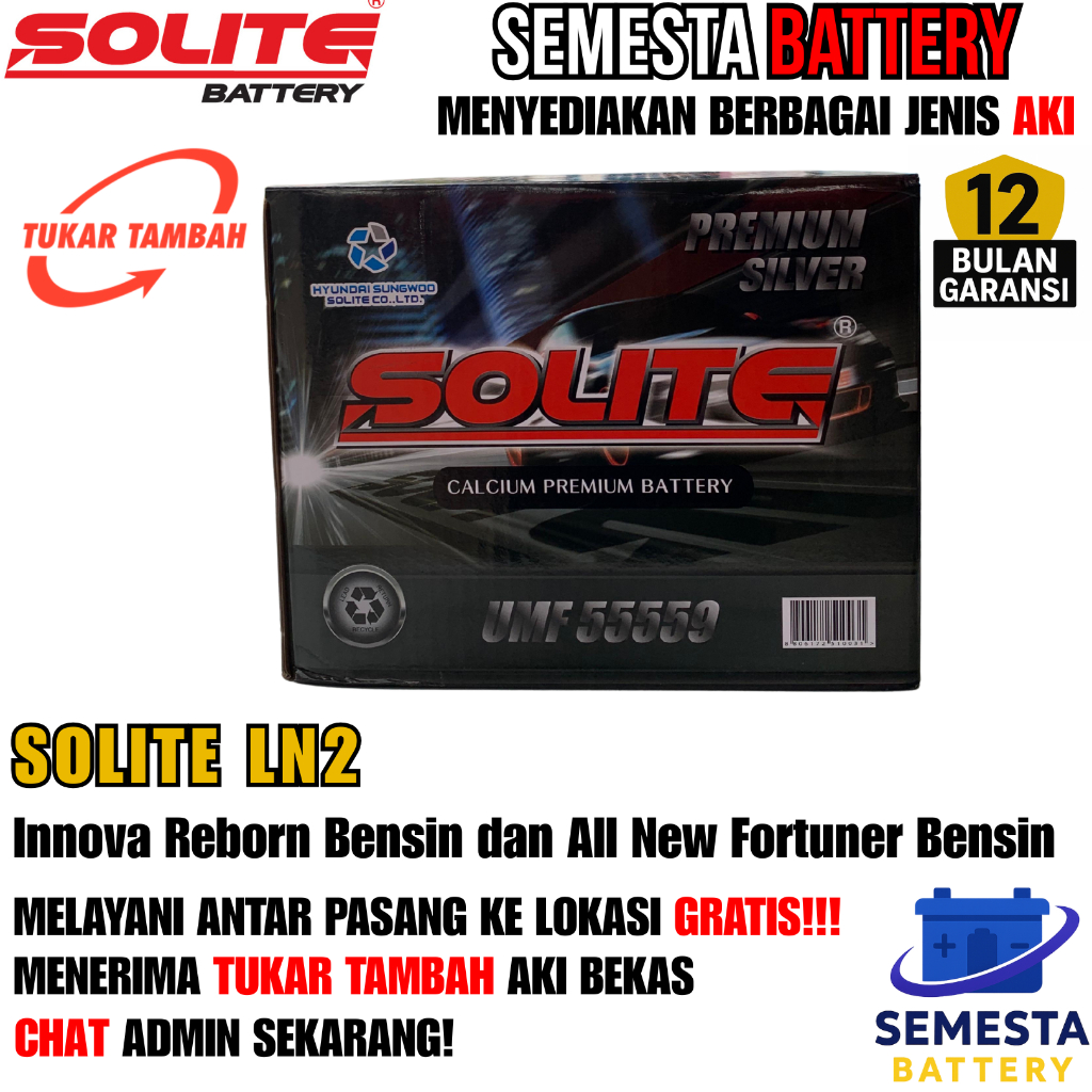 Aki Mobil Solite LN2 – Aki Kering, Garansi 12 Bulan – Cocok untuk Innova Reborn Bensin, All New Fort