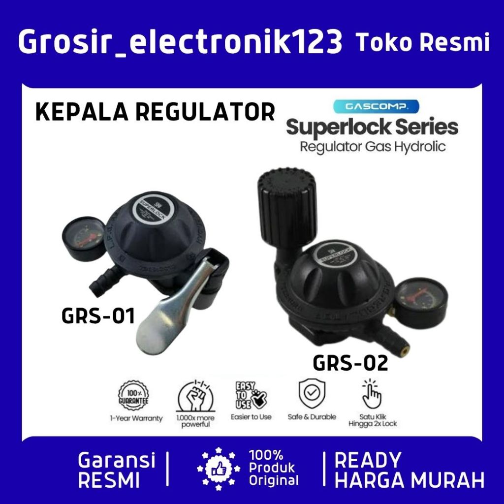 GASCOMP SUPERLOCK KEPALA REGULATOR + SELANG KOMPOR GAS LPG DOUBLE LOCK GASCOMP SUPERLOCK