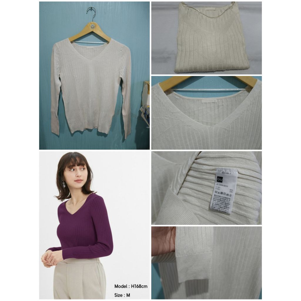 GU uniqlo sweater Leher V-neck Rib lebar lengan panjang size S Coksu