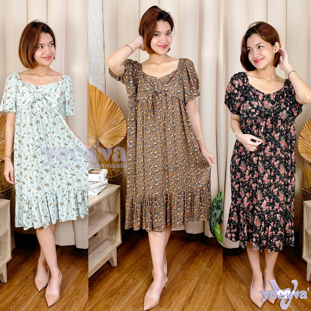 YACOVA DRESS DASTER IRENE KAIN RAYON PREMIUM MOTIF BUNGA ABSTRAK HOMEWEAR DAILY WANITA CANTIK