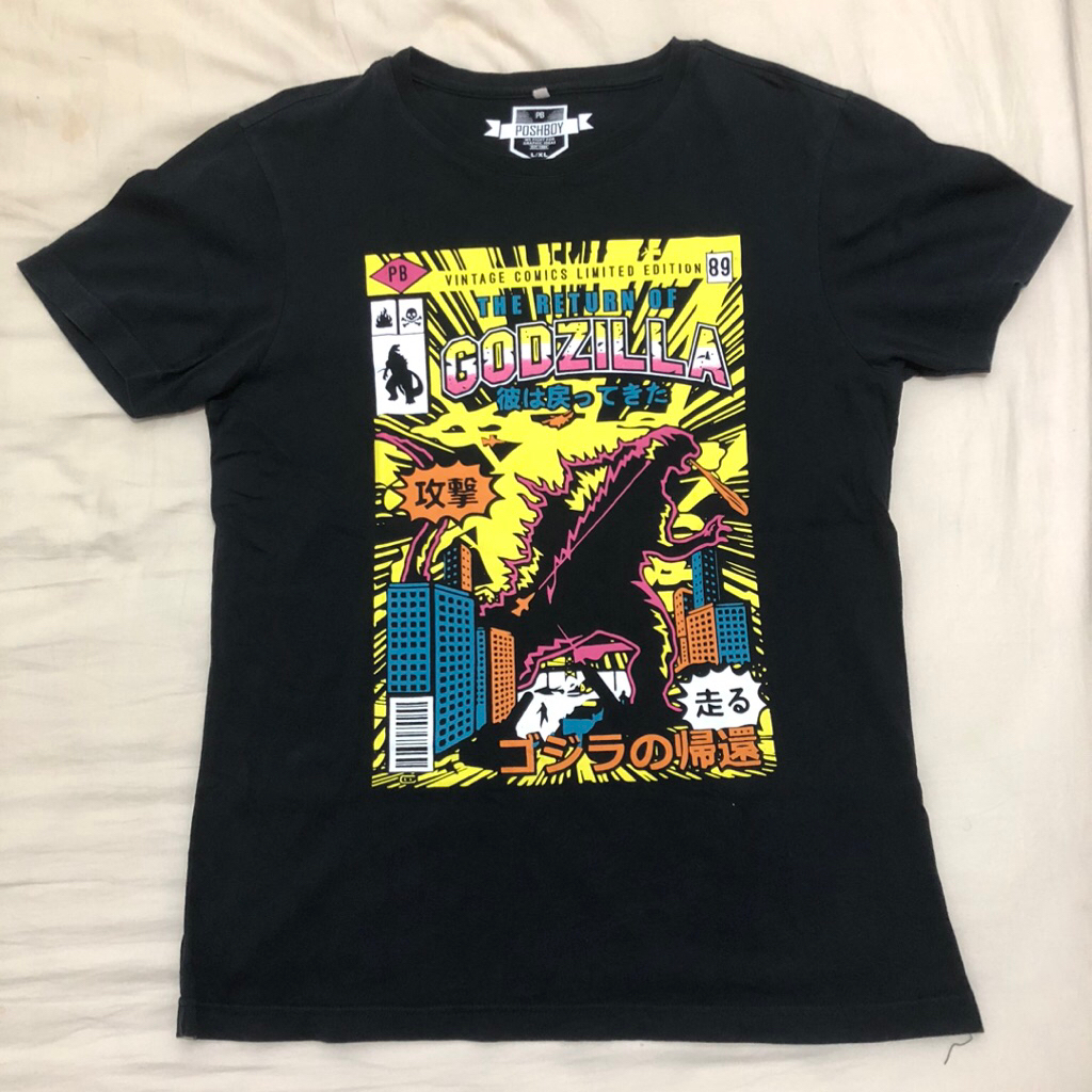 T-Shirt Godzilla Vintage Comic Poshboy Kaos Pria Hitam