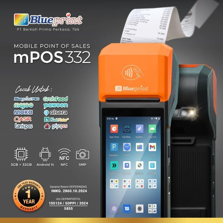 BP-MPOS332 - Printer Struk Kasir EDC Blueprint MPOS 332 Bluetooth Wi-Fi NFC + Slot SIM Card GSM, Mic