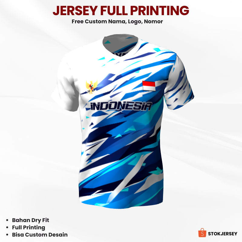 Kaos Jersey Futsal Putih Biru Motif Abstrak 560 - Jersey Olahraga Full Printing