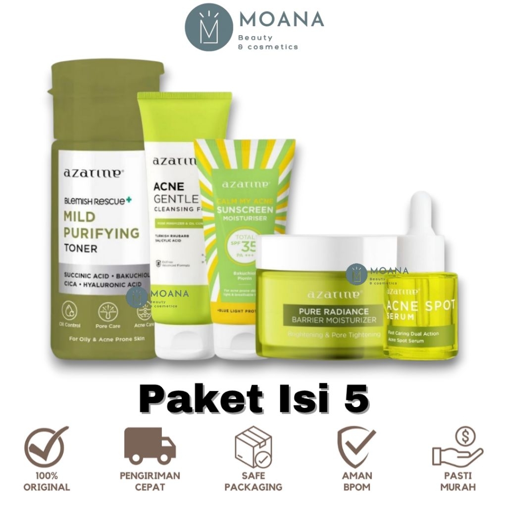 [ISI 5] Azarine Paket Lengkap Acne Series | Sunscreen + Moisturizer + Serum + Cleansing Foam + Toner