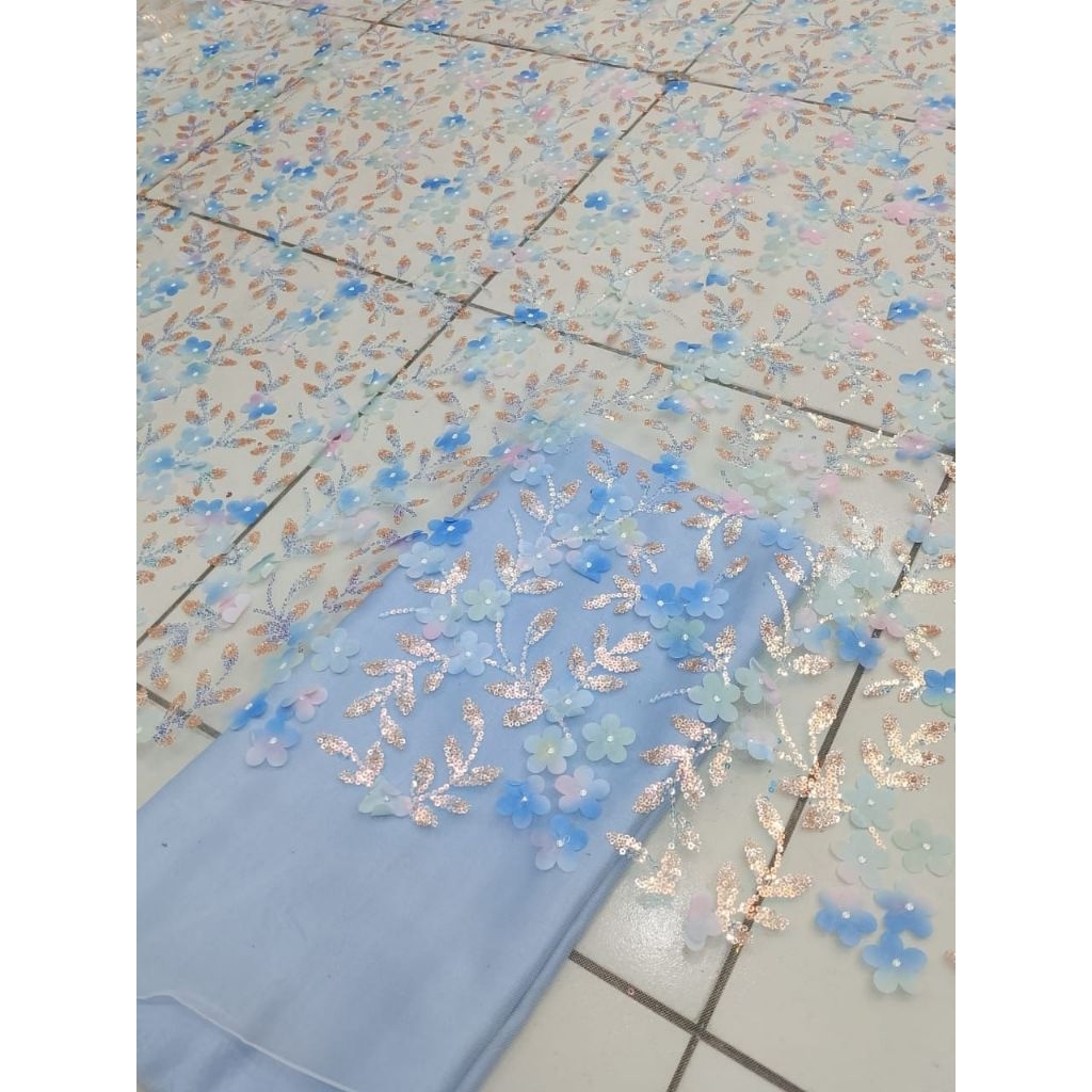 Kain Tille Payet Motif bunga timbul 3D/Bahan kebaya kekinian Motif bagus dan mewah (harga per seteng