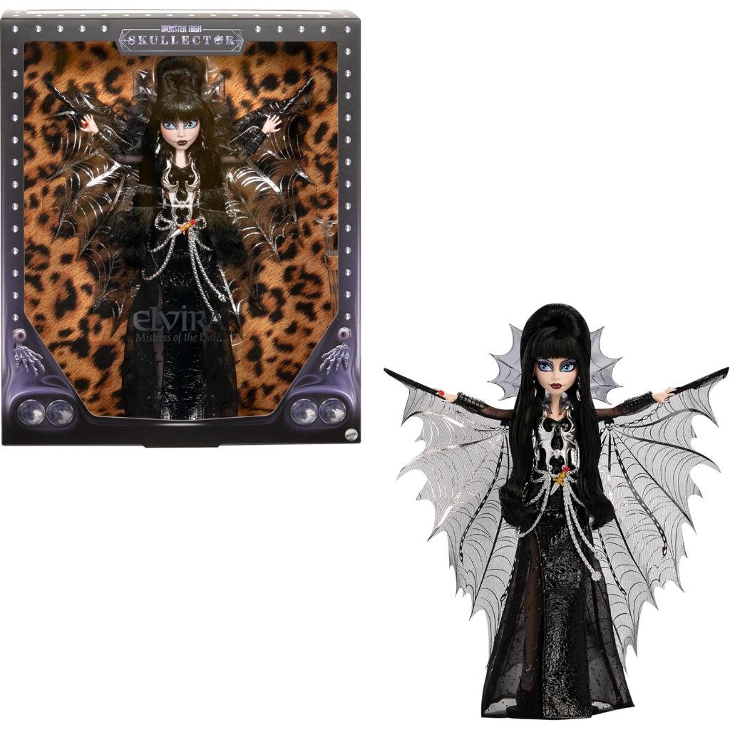 Monster High Doll, Elvira, Mistress of The Dark Collectible in Black Faux Leather Dress with Silvery