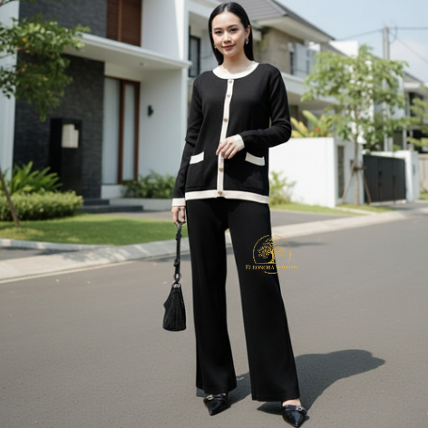 Setelan Knit Cardigan Wanita Premium – Outfit Rajut Elegan Warna Hitam & Mocca | Nyaman, Klasik, dan