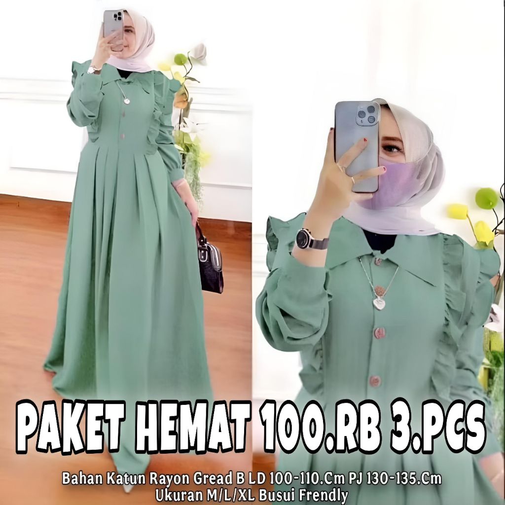 Gamis Kancing Rempel Busui Friendly 100.rb Dapat 3.Pcs Bahan Katun Rayon Gamis Wanita Muslim Kekinia
