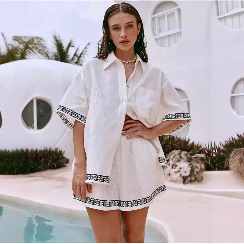 Atasan Celana Pendek Set Wanita Casual Baju pantai Wanita Impor SS0246 Setelan putih/set kemeja puti