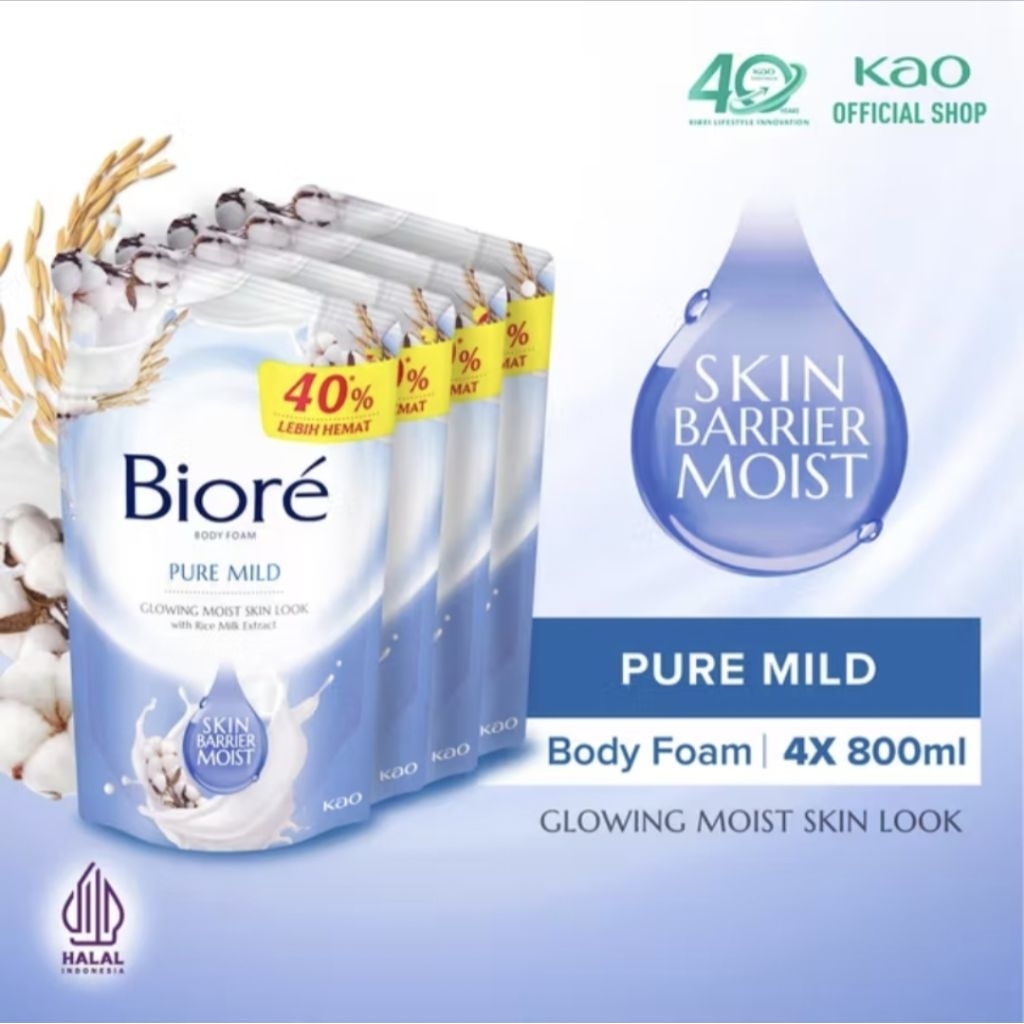 Biore Sabun Mandi Cair Body Foam Tender Care Pure Mild Pouch 800 ml Four Pack***** Sabun mandi cair 