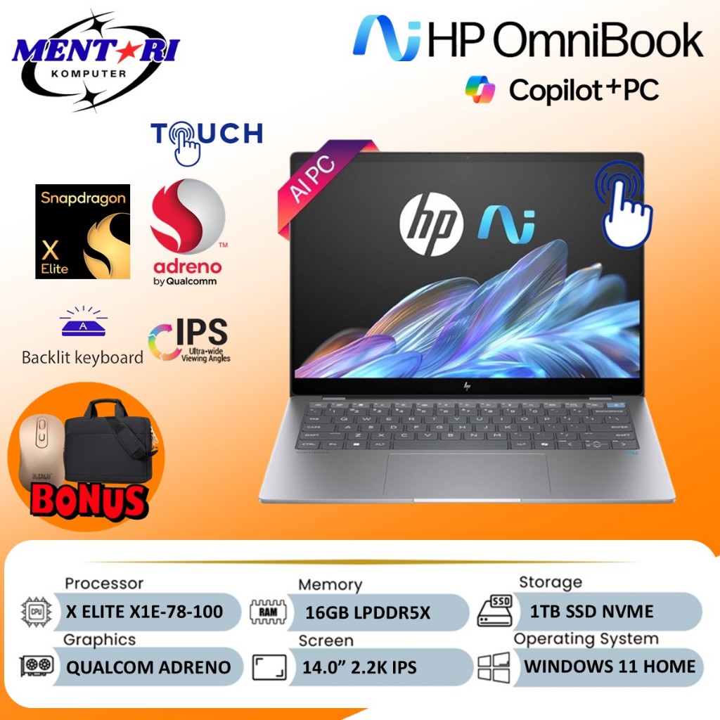 HP OMNIBOOK X14 SNAPDRAGON X ELITE 16GB 1TB SSD Touch Win11 Laptop AI Premium Silver