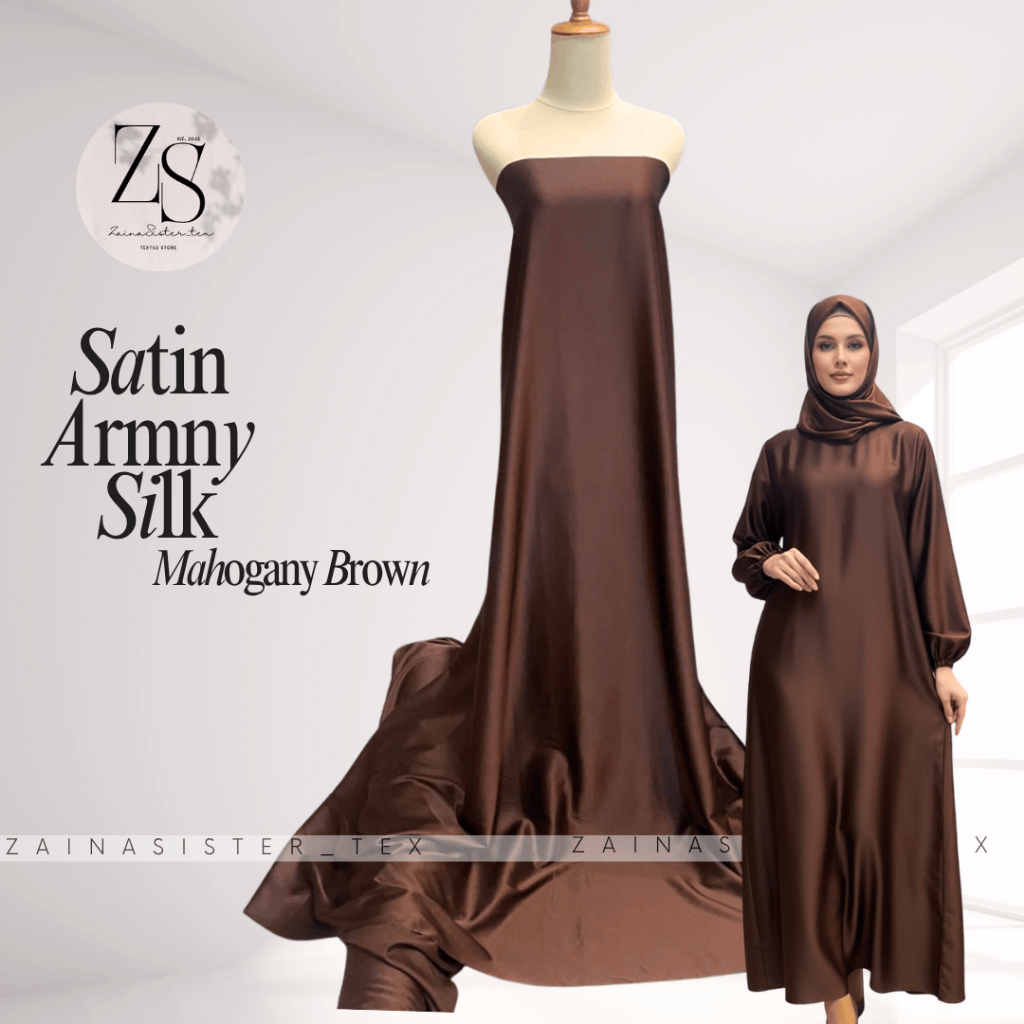 1/2 Meter Bahan Kain Satin *RMN* Silk Polos Warna Coklat Tanah/Kopi | Mahogany Brown