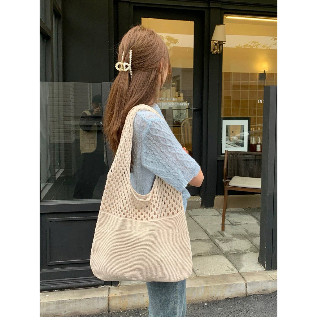 Wanita tenunan tas bahu tas rumput tas pantai tas tangan tas bahu tas jaring rumput tas wanita rajut