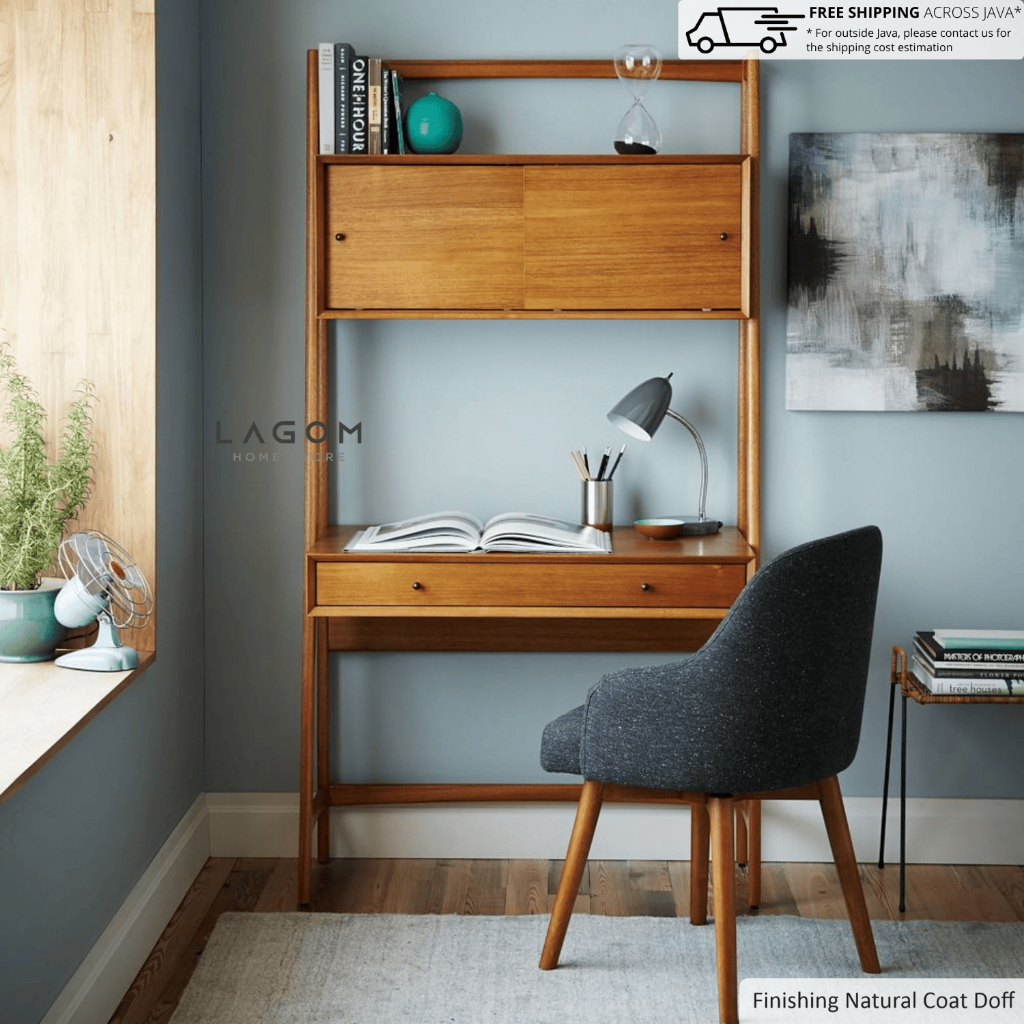 Lagom Home Store Meja Kerja Kayu Jati Solid dengan Rak Atas