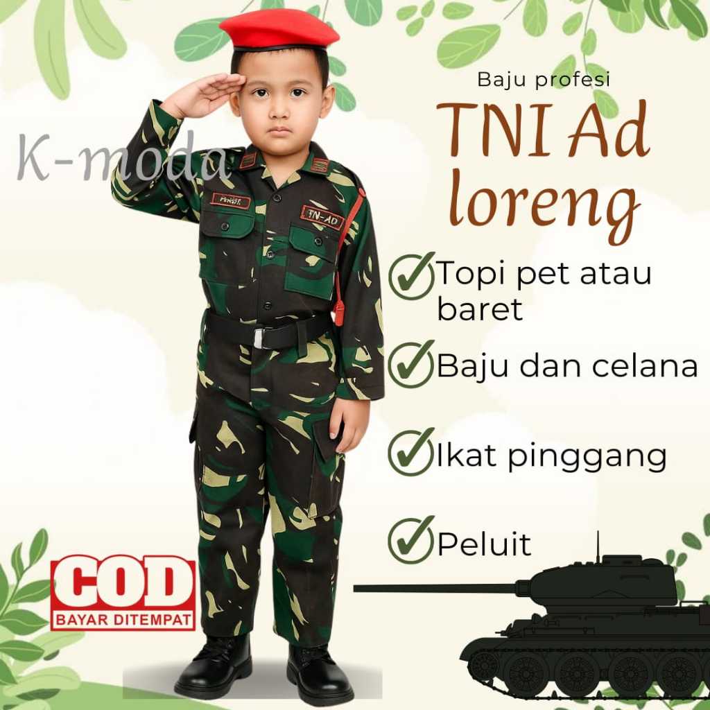 BAJU SERAGAM PDL TNI ANAK LAKI LAKI PEREMPUAN COWOK CEWE LORENG ARMY KOSTUM PROFESI SERAGAM KARNAVAL