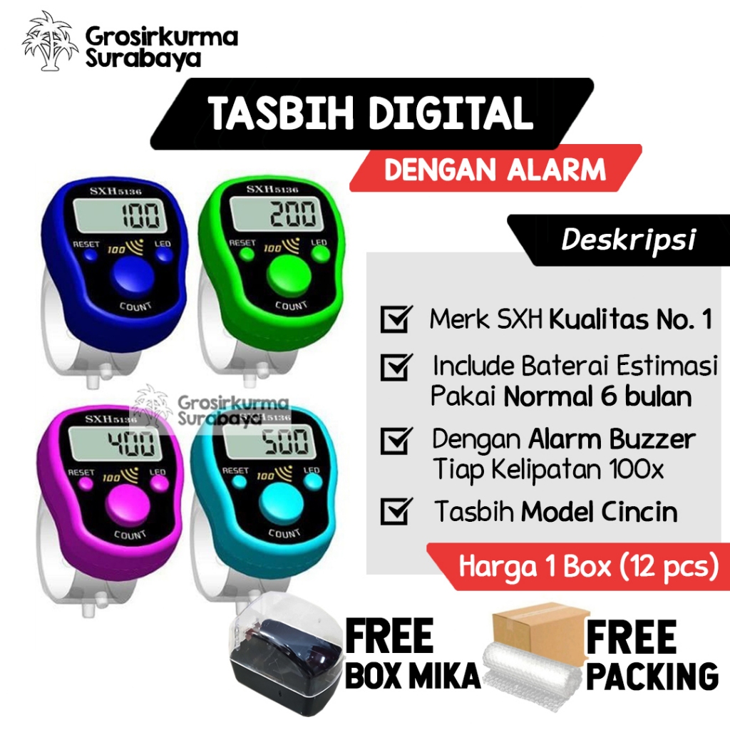 Tasbih Digital 1 LUSIN (12 Pcs) LED + ALARM JAM Dengan Tempat Mika Cantik Cocok Untuk Ibadah Wirid