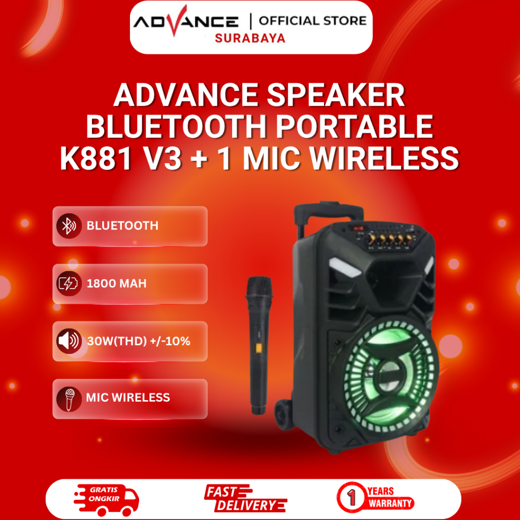 Advance Speaker Bluetooth Portable K881 V3 + 1 Mic Wireless