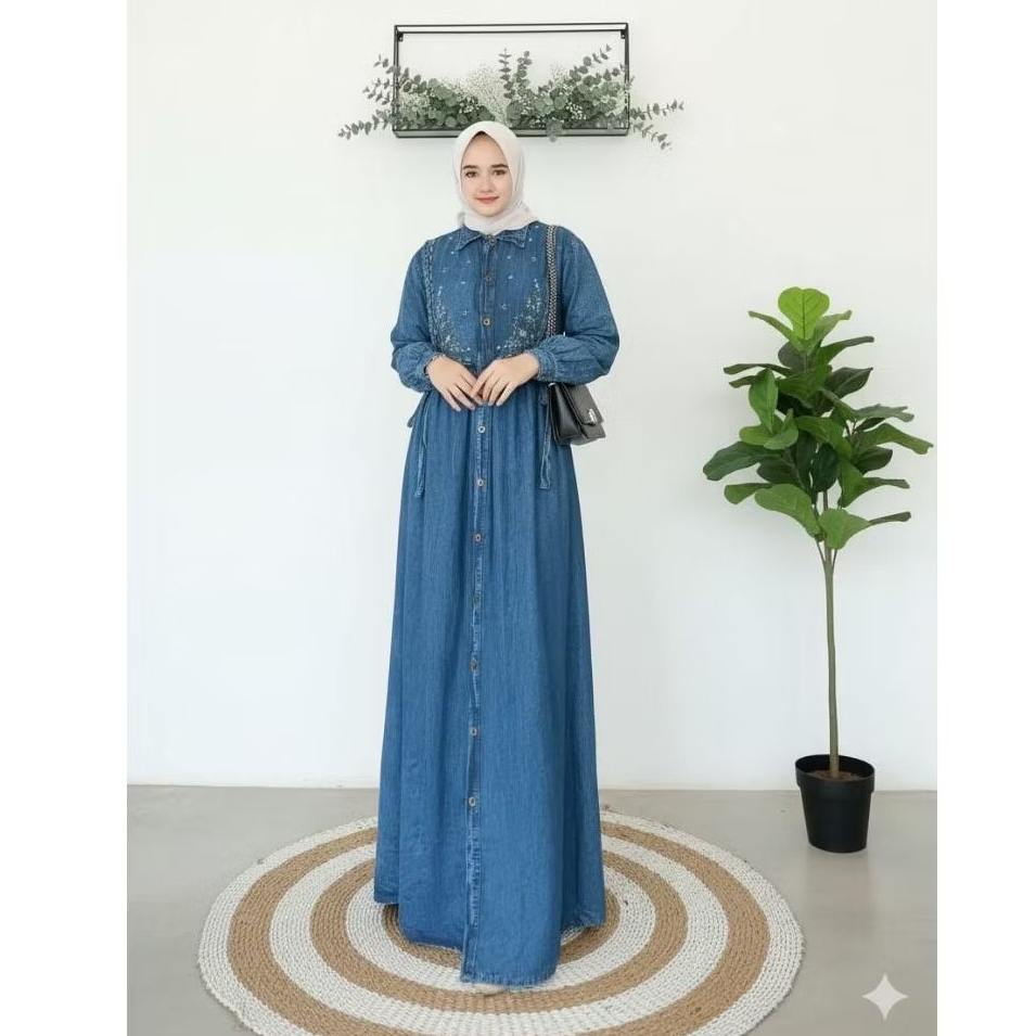 Dress Jeans Wanita Washing Premium Motif Bordir Gamis Jeans Wanita Muslim Terbaru  Kekinian 2025