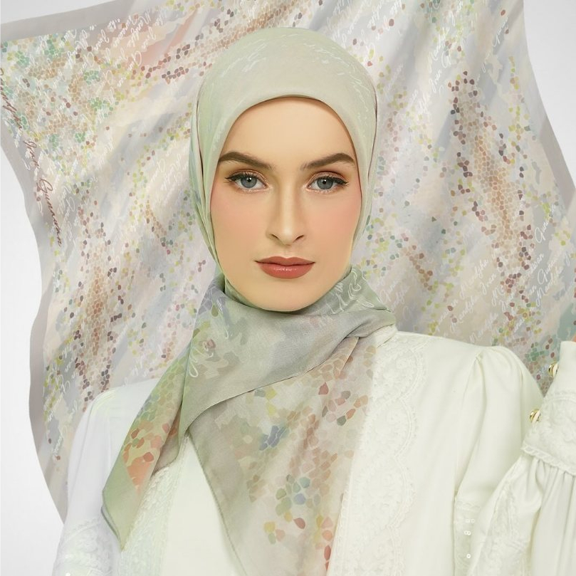 MANDJHA Lumina Warm Grey Scarf - Hijab Jilbab Segi Empat Motif Premium Abu-abu Light Blue by IVAN GU