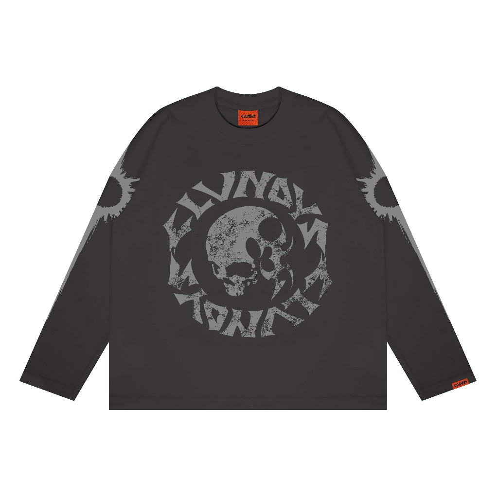 Elevendays - Kaos Lengan Panjang Tshirt Longsleeve Boxy Tee Drop Skull Dark Grey Unisex Cotton Combe