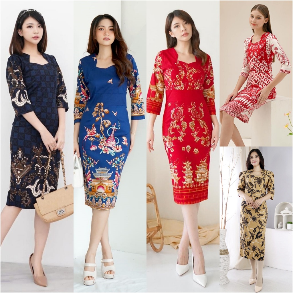 Baju Terusan Red White Midi Dress Batik Modern Sexy Dress Merah Putih Wanita Panjang Pesta Katun Ket