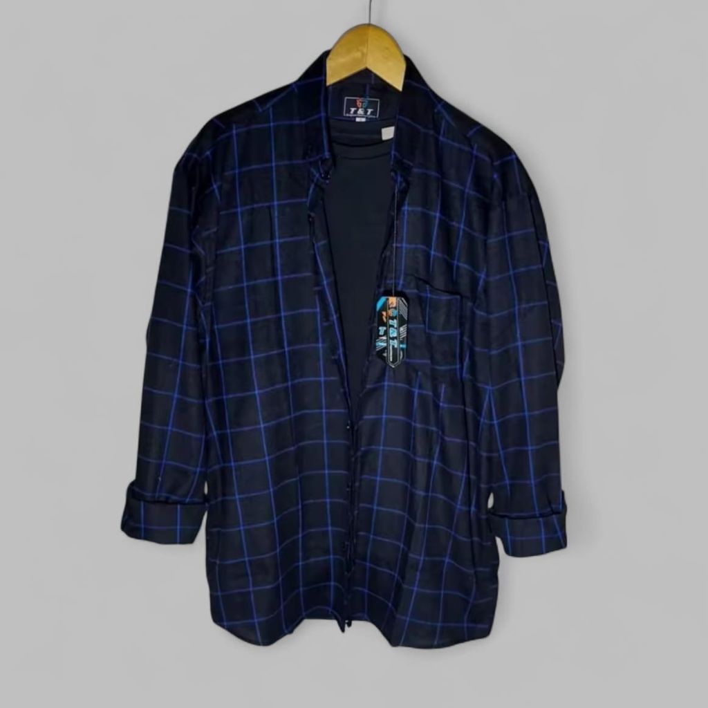 Kemeja Flanel cowok Dewasa terbaru kotak kotak hitam garis biru Lengan Panjang Slimfit Casual MLXL