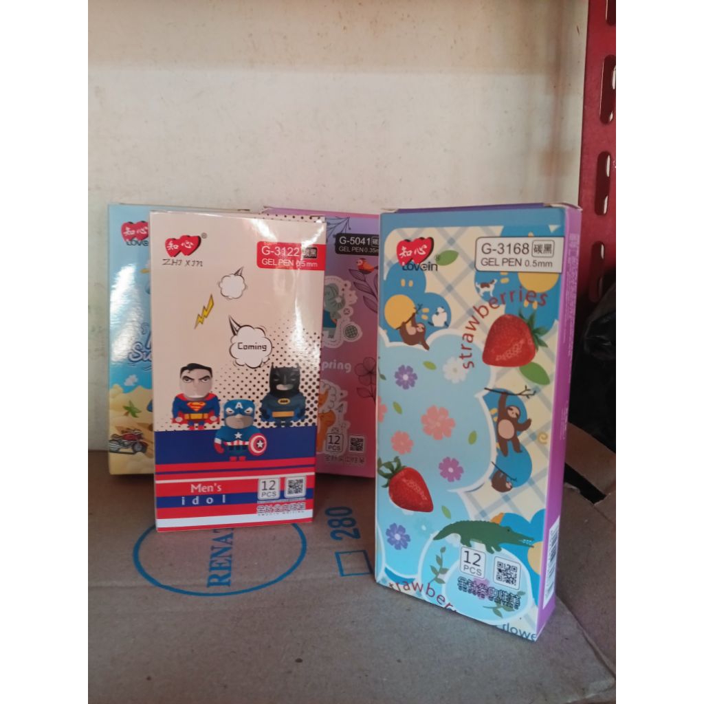 Pulpen Gel Lovein 0.5mm Isi 12 Pcs | Pen Gel Cair Tinta Hitam | Desain Lucu Random | Pulpen Sekolah 