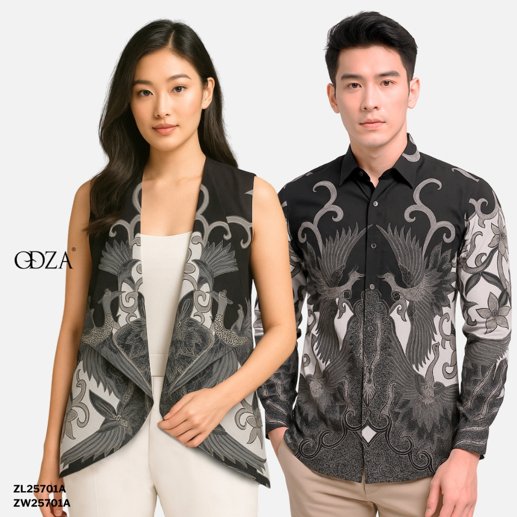 Odza Kemeja Rompi Batik Keluarga Baju Hem Couple Pria Wanita Pesta Pasangan Hitam Lengan Panjang Sli