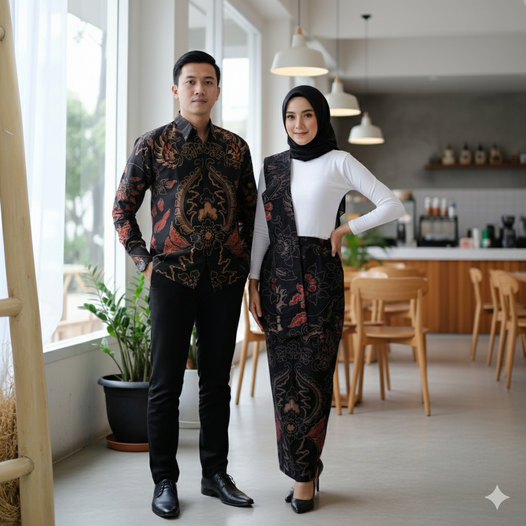 Galeri Batik Ardev - Couple Sarimbit Rok & Kemeja Reguler Warna Hitam Bahan Katun Motif Prabuseno