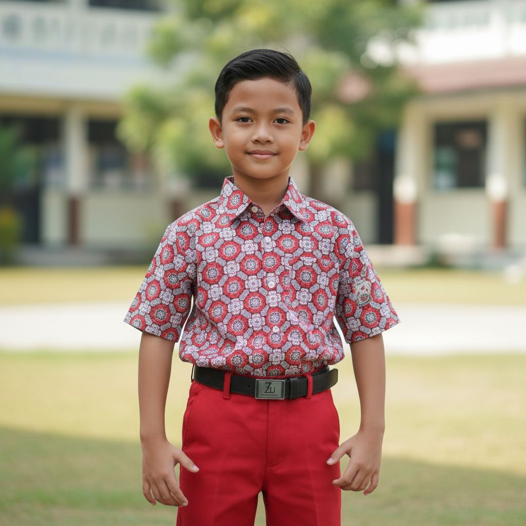 Baju Seragam Sekolah SD Batik Bunga Matahari Warna Merah Lengan Pendek