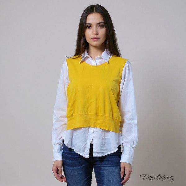 Kemeja panjang wanita putih dan rompi kuning size M