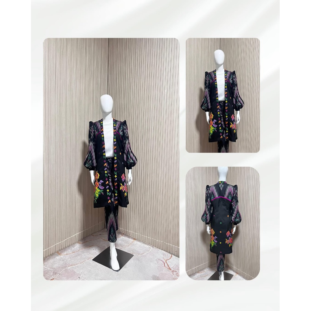 Set Outer & Celana Motif Lagosi – Busana Etnik Modern Hitam Elegan dengan Bordir Bunga Warna