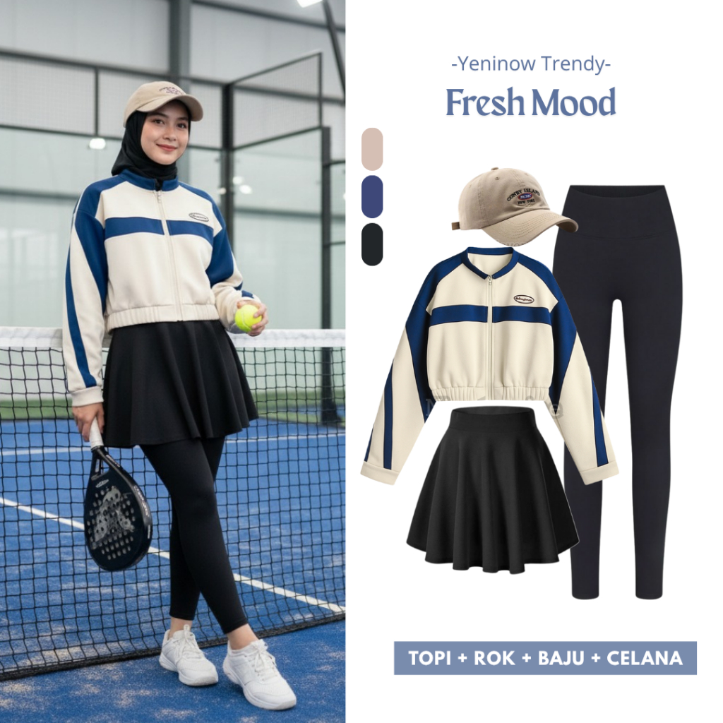 Fresh Mood One Set Olahraga Padel (Atasan,Celana Legging, Rok Mini, Hijab Free Topi)  Setelan Wanita