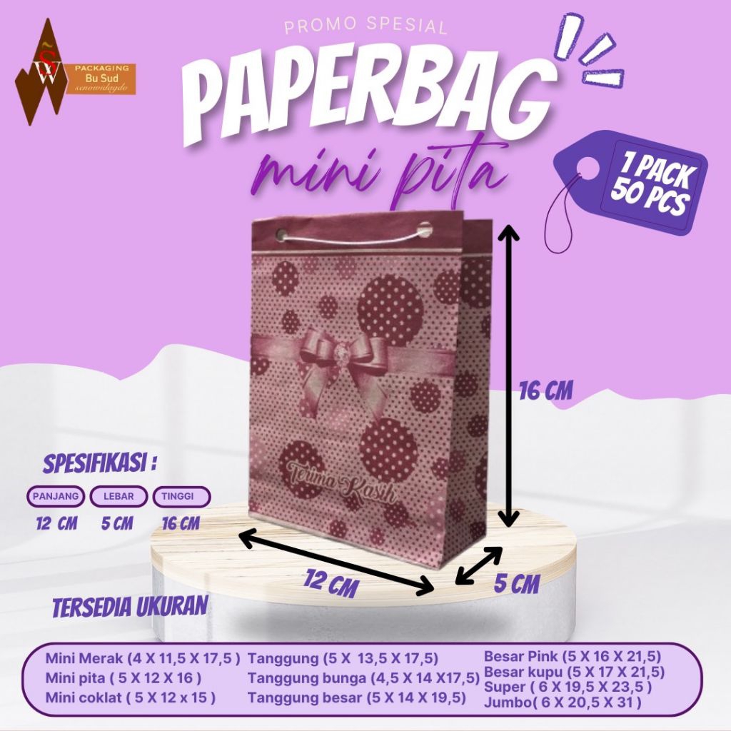 Mini pita ( 5 X 12 X 16 ) PROMO GROSIR- Termurah di shopee HARGA PABRIK DISKON BESAR Tas Kertas isi 