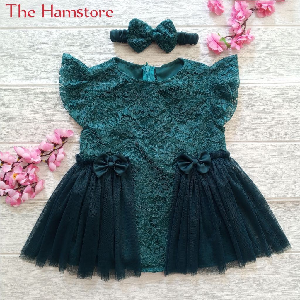 Dress Pesta Emerald Gaun Ulang Tahun Kondangan Anak Bayi Perempuan 6-12 Bulan Brukat Tile Free Bando