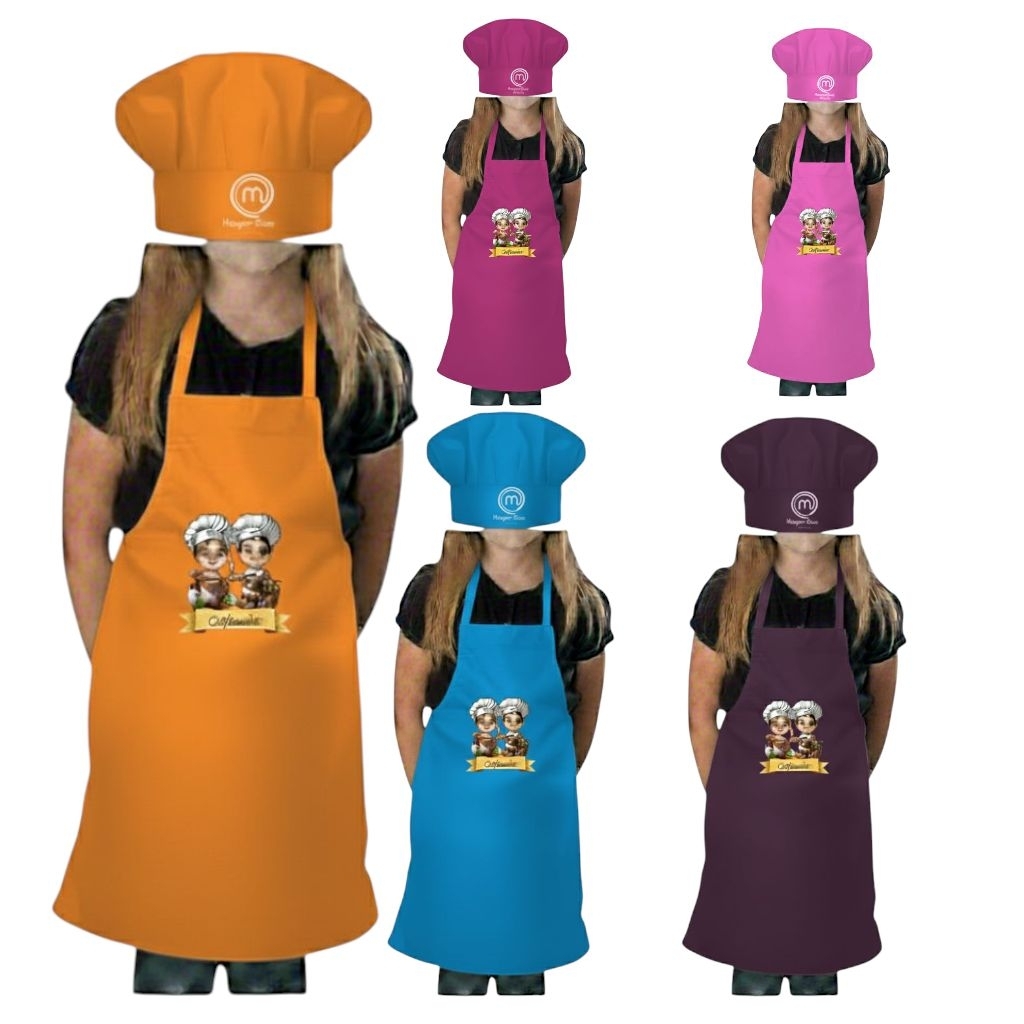 Celemek Apron Topi Koki Anak Pakai Gambar Koki dan Master Chef di Topi